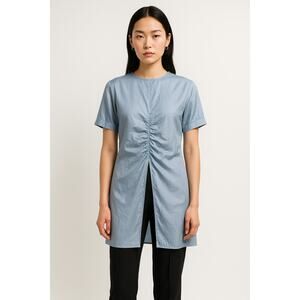 Zara Woman Ruched Powder Blue Satin Effect Split Front Blouse